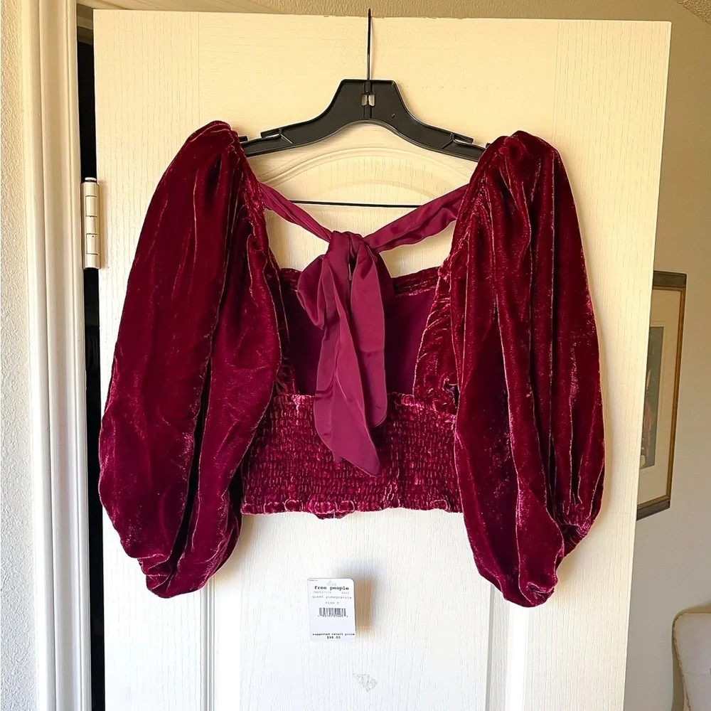 Free People Marie Velvet Open Back Crop Top Balloon Sleeves Red Small NWT